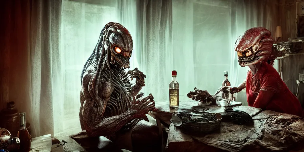 Prompt: ( predator alien ) staying with ( bottle of vodka ) in russian village with old woman cold light, cinematic colors, high detail