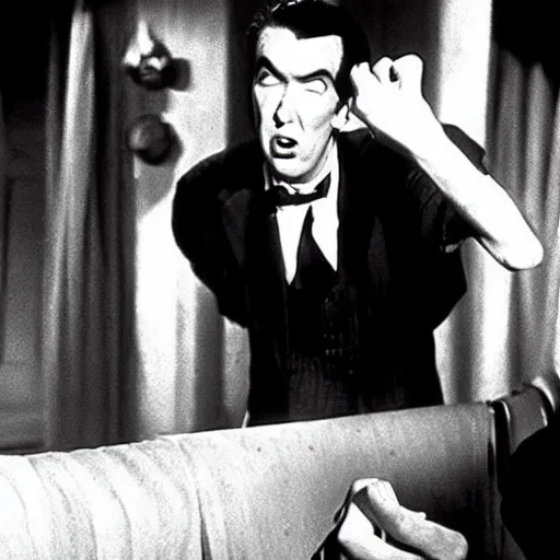 Image similar to scene from the horror picture show with james stewart!!!! james stewart!!!! is acting surprised and holds a revolver