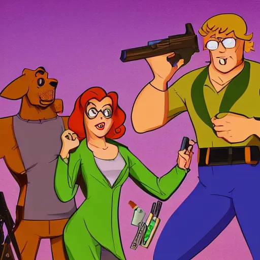 Prompt: scooby doo holding a gun, six, torpid, wholesale, needy, absurd, highly detailed portrait, digital painting, artstation, concept art, smooth, sharp foccus ilustration, Artstation HQ