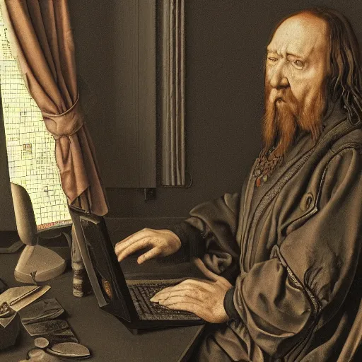 Image similar to angry scottish man at computer, detailed, ray tracing, 4 k, by albrecht durer