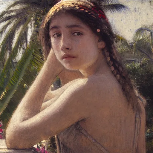 Image similar to a ultradetailed beautiful painting of a girl in the amazonas palace balustrade designed by jules bastien - lepage, hans belmer, frank weston and gustave baumann, beach, trending on artstation, mediterranean, palm trees, detailed face, sharp focus, soft light, 8 k 4 k