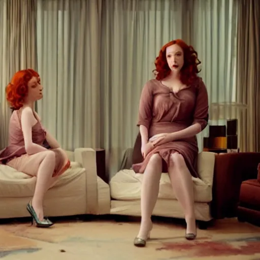 Prompt: a very surprised beautiful Christina Hendricks and her twin sister in the living room, film still from the movie directed by Denis Villeneuve with art direction by Salvador Dalí, wide lens