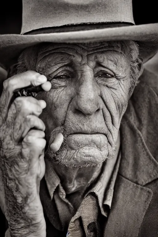 Prompt: sepia close up photograph of an old man with a worn face and trilby smoking a cigarette staring sadly into the camera, Nikon 50mm f/1.8G, award winning, detailed, 4K