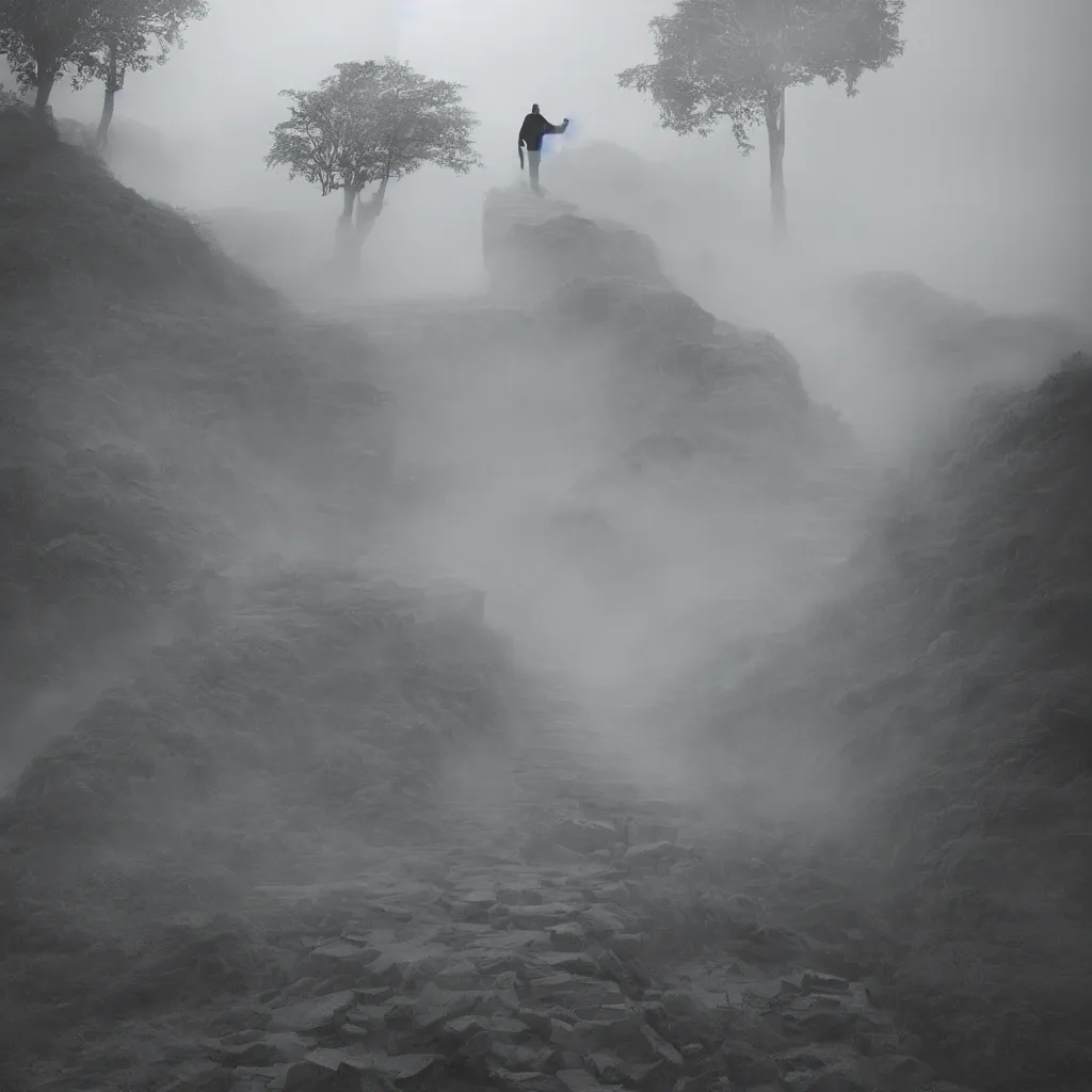 Prompt: a man walking up a set of stairs in the clouds, an ambient occlusion render by wang yuan, cg society contest winner, interactive art, made of mist