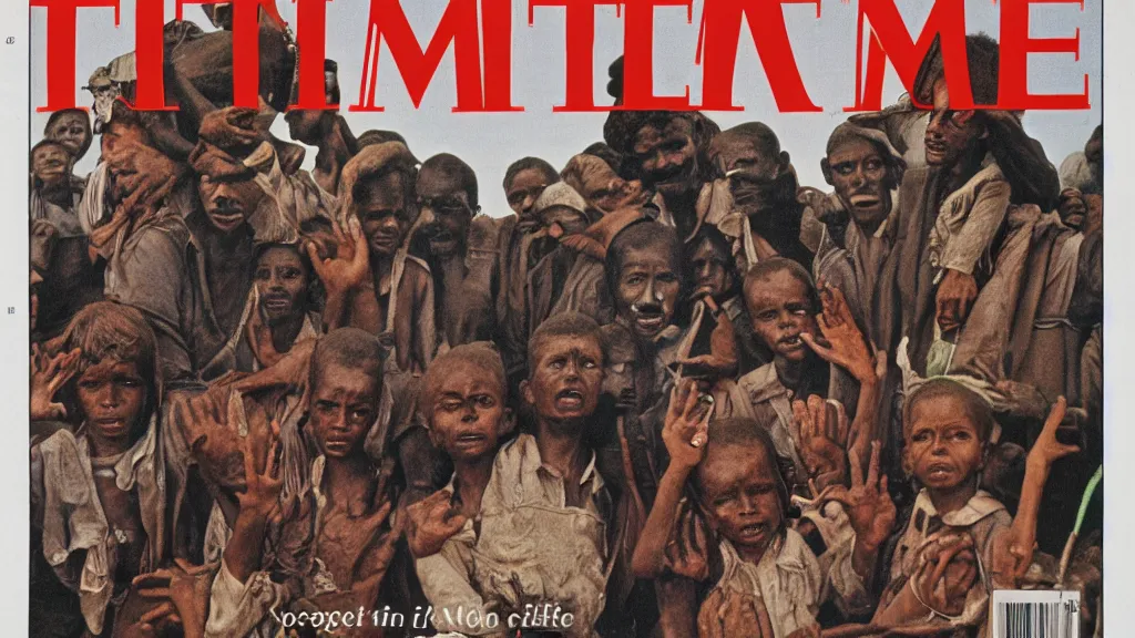 Prompt: 1 9 8 4 ethiopian famine, in the cover of time magazine, 8 k