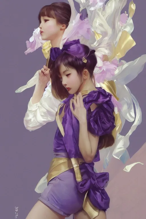 Prompt: Full View of Eunha from Viviz and gFriend with short hair wearing a purple military uniform and puffy silk shorts, white leggings, Golden Ribbon, and a billowy scarf. Rhythmic gymnastics poses. masterpiece 4k digital illustration by Ruan Jia and Mandy Jurgens and Artgerm and greg rutkowski, award winning, Artstation, art nouveau aesthetic, Alphonse Mucha background, intricate details, realistic, panoramic view, Hyperdetailed, 8k resolution, intricate art nouveau