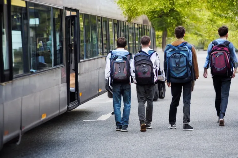 Prompt: generic modern day photo of men wearing backpacks and boarding a college bus, stock photo, 8 5 mm