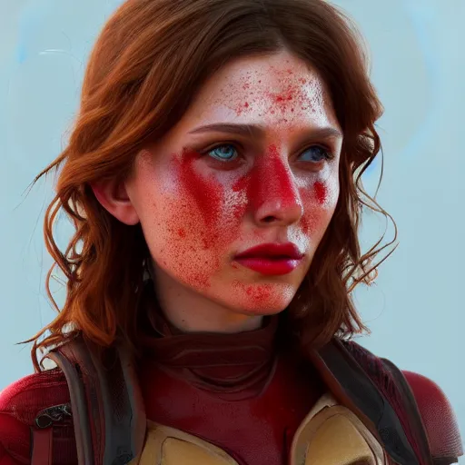 Prompt: a very beautiful 3d scarlet witch, long hair, hazel eyes, cute freckles, full round face, short smile, golden hour, post apocalyptic setting, medium shot, mid-shot, highly detailed, trending on Artstation, Unreal Engine 4k