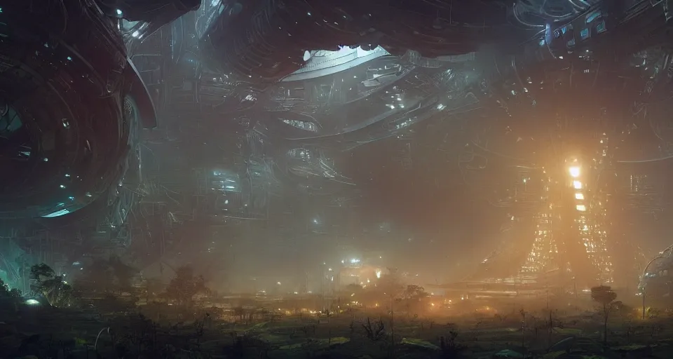 Image similar to Retro futuristic Sci-Fi space forest scene, Giant Aztec space city, volumetric light, fog, dusk lighting, intricate details ,by denis villeneuve, Ridley Scott, Greg Rutkowski and Alphonse Mucha