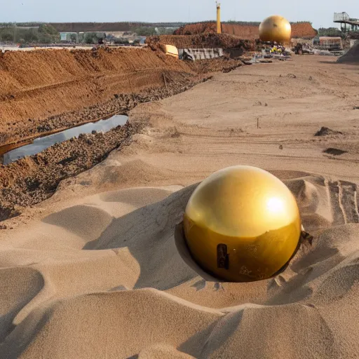 Prompt: in the center of a large sand quarry in the sand lies a large golden ball, a broken excavator is standing nearby, an anomalous air funnel is nearby, book illustration stylization, high quality, depth of sharpness, focus on the object