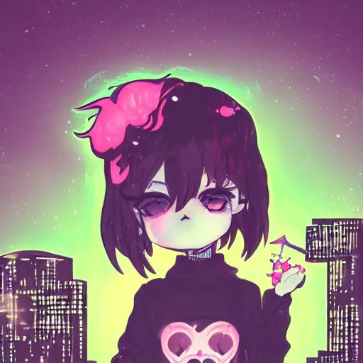 Image similar to pinup pose, portrait of a grungy skull anime and chibi very cute doll by super ss, cyberpunk fashion, nendoroid, kawaii, curly pink hair, night sky, looking up, swirly clouds, neon yellow stars, by wlop, james jean, victo ngai, muted colors, highly detailed