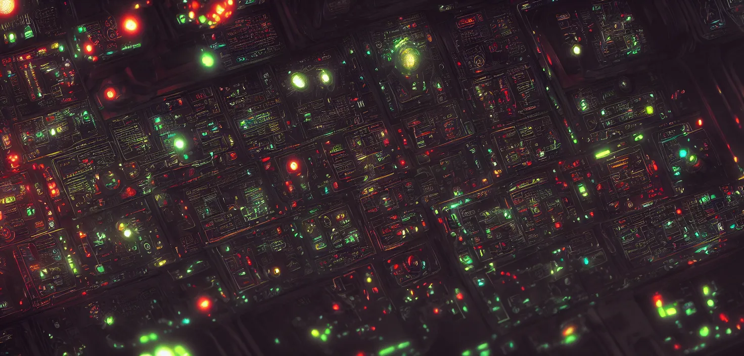 Prompt: city, ship control panel close - up, in a nightmarish universe of odd forms and somber tapestry, hr giger and vincent di fate, vivid color scheme, featured in artstation, octane render, cinematic, elegant, intricate, 8 k