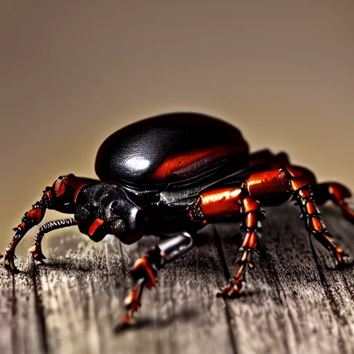 Prompt: A cyborg stag beetle, wires in place of antennas, ultra HD, ultra realistic, Macro shot