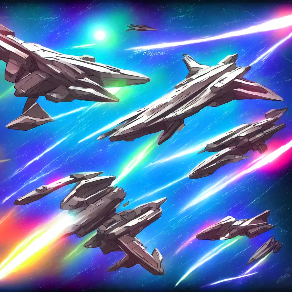 Image similar to combat spaceship concept art colorful