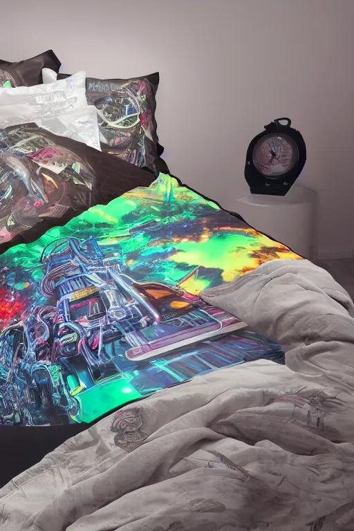 Image similar to photo of of bedlinen in a modern bedroom, band merchandise, bandname is tripmachine, tourname is invasion of the tripmachines, realistic digital art, bedlinen is textured with a 3 d render of a huge futuristic steampunk generator, 8 k, fluorescent colors, halluzinogenic, multicolored, exaggerated detailed, unreal engine