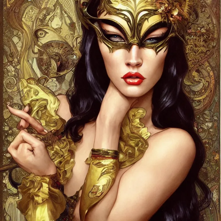 Image similar to megan fox wearing venetian carnival masks by artgerm, greg rutkowski, alphonse mucha