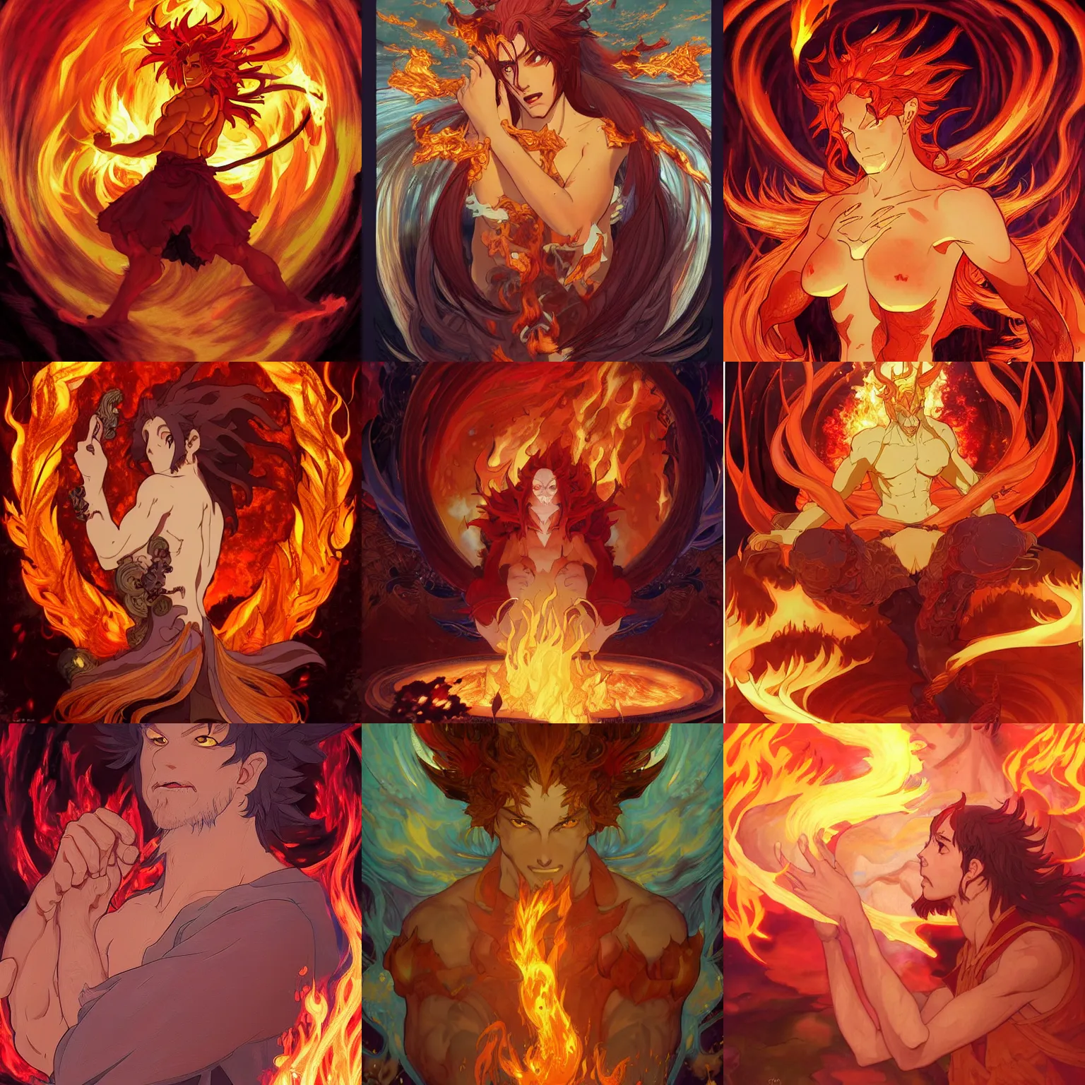 Prompt: Portrait of an Ifrit surrounded by flames, fantasy, highly detailed, artstation, digital illustration, concept art, by Kyoto Animation and Studio Ghibli, by Makoto Shinkai and Alphonse Mucha