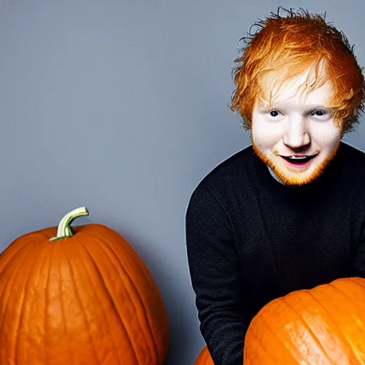 Prompt: photo of ed sheeran stuck inside a pumpkin, yelling for help