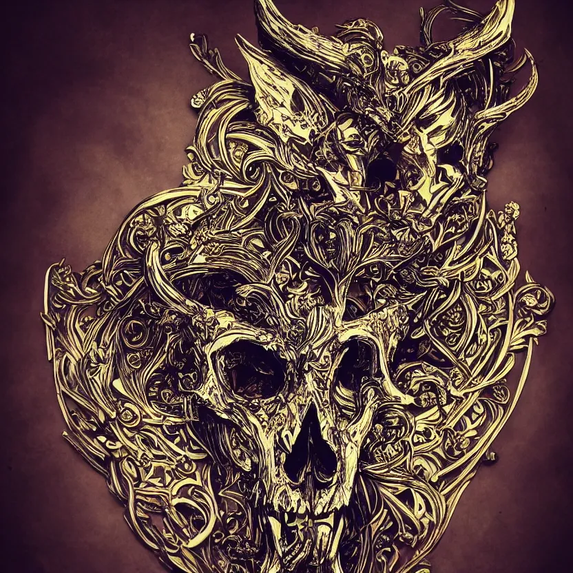 Image similar to photo of wolf skull on bones, dramatic lighting, circural, golden ornaments, symmetric, intricate skeletal decorations, symmetry, highly detailed, concept art, black, glimpse of red, white, gold layers, centered, style of nekroxiii, hyperrealistic, black background, smoke