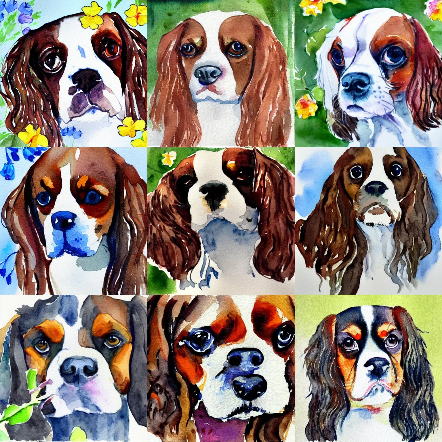 Prompt: cavalier spaniel face, with spring flowers, watercolor painting