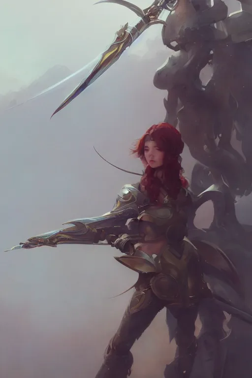 Image similar to girl full body with armor fighting with ten sword flying around her by hsiao ron cheng, by gaston bussiere, anna nikonova aka newmilky, greg rutkowski, yoji shinkawa, yoshitaka amano, trending on artstation, featured on pixiv, cinematic composition, 8 k