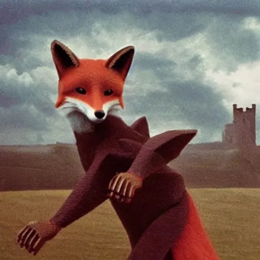 Image similar to anthropomorphic fox!! who is a medieval knight holding a swo - rd tow - ards a stormy thundercloud [ 1 9 3 0 s film still ], ( castle in the background )