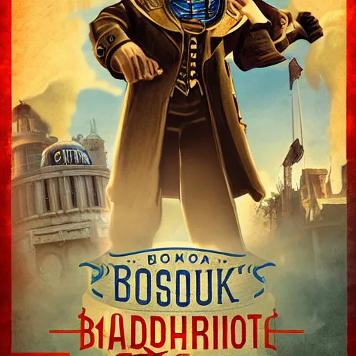 Image similar to bioshock infinite as propaganda of calibrum daerganzi, justify content center, realistic content, detail content, medium long shot content, photorealistic content, 4 k, 1 5 content color, incrinate, sharp focus, wet, yellow lighting