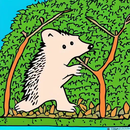 Image similar to hedgehog in hedgehog pyjamas climbing over hedge, cartoon