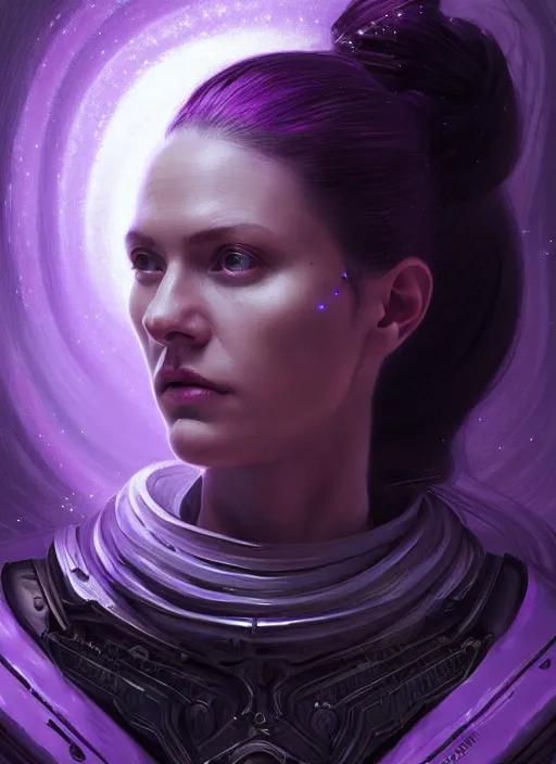 Image similar to top down lighting, extreme close up, stunning portrait of a woman in purple leather future armor with a long black ponytail, white eyes, with space and stars around her, spaceship hallway, intricate, mood lighting, highly detailed, digital painting, artstation, concept art, smooth, sharp focus, illustration, art by wlop, mars ravelo and greg rutkowski