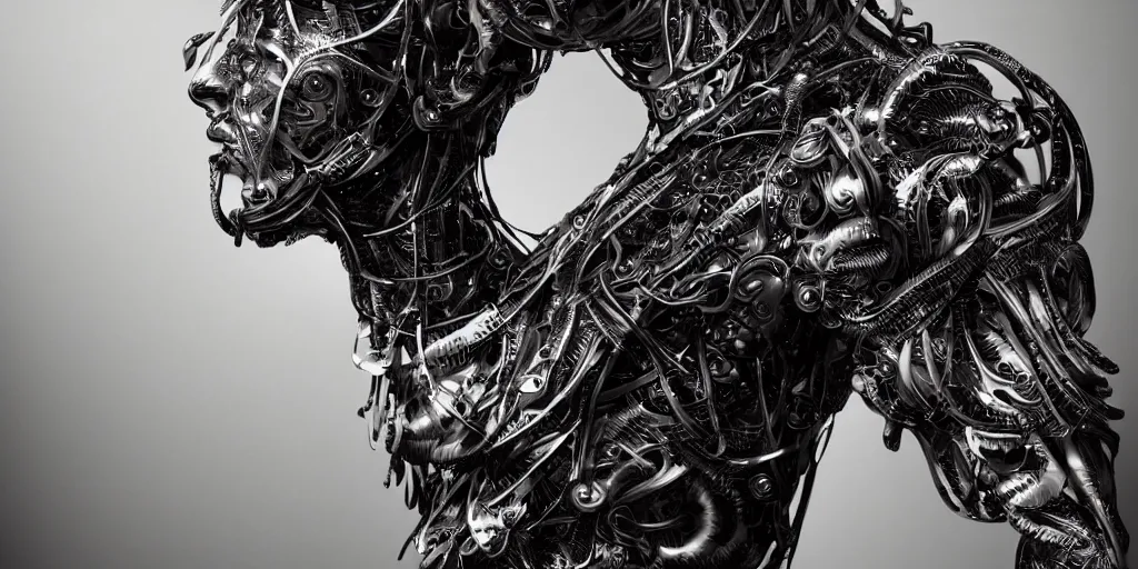 Image similar to hyper realistic photography of a stunningly beautiful cyborg male, plated arm, intimate, chest, holding close, ribbons, in the style of beth cavener, jin kagetsu,, and wlop, highly detailed, intricate filigree, symmetry, masterpiece, award winning, sharp focus, concept art, highkey lighting, ambient lighting, octane render, 8 k, artstation