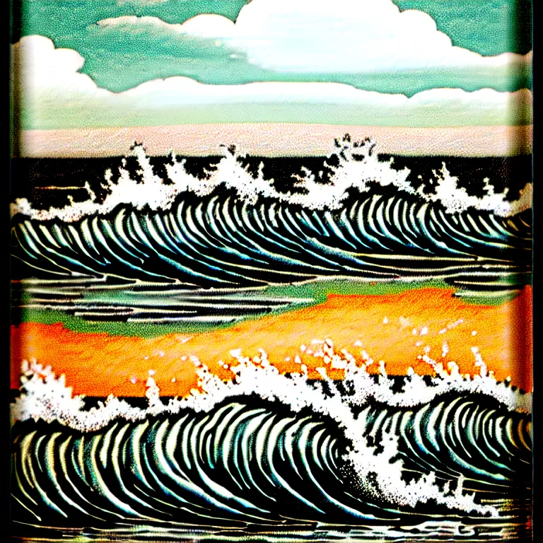 Image similar to corn floating in ocean, waves, vintage coutry style, monochromatic, detailed