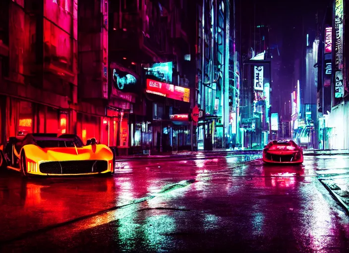 Image similar to a neon hypercar in the dark and rainy city street by Liam Wong