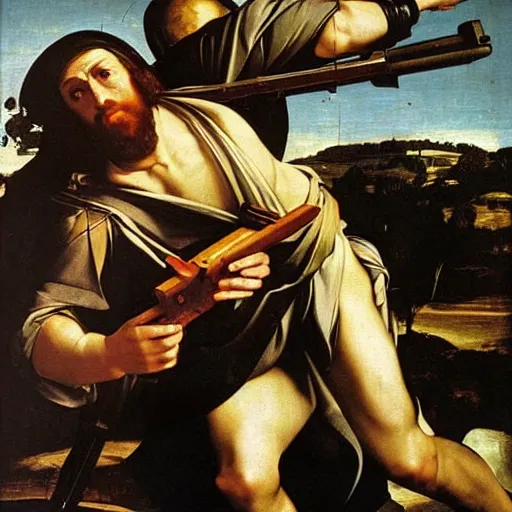 Prompt: Jesus Christ as Rambo a rocket launcher ,Caravaggio