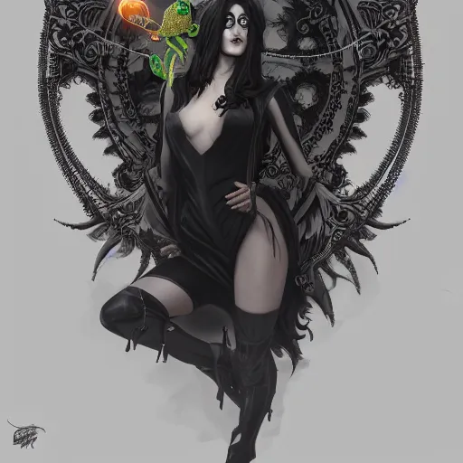 Image similar to attractive goth woman with a frog, intricate, highly detailed, digital painting, artstation, concept art, smooth, sharp focus, illustration, unreal engine 5, 8 k, art by artgerm and greg rutkowski and alphonse mucha