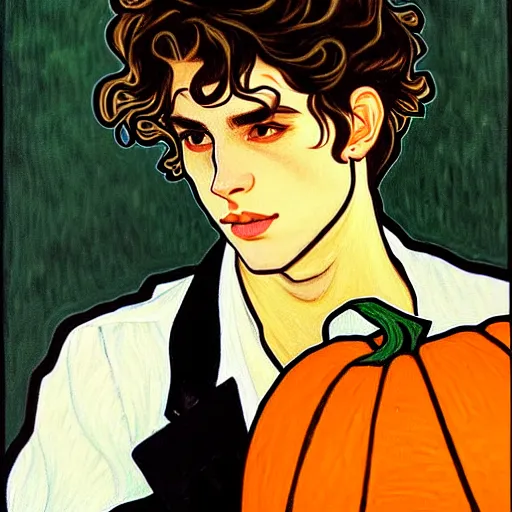 Image similar to painting of young cute handsome beautiful dark medium wavy hair man in his 2 0 s named shadow taehyung at the halloween pumpkin jack o'lantern party, depressed, melancholy, autumn, japan, elegant, clear, painting, stylized, delicate, soft facial features, delicate facial features, soft art, art by alphonse mucha, vincent van gogh, egon schiele