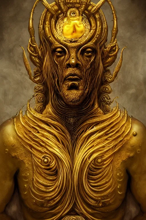 Prompt: portrait of a surreal ancient god, made by liquid gold melting, floating in the sky, insanely detailed, trending on artstation, golden ratio, concept art by Emil Melmoth