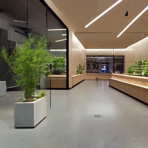 Prompt: interior photography of a Microsoft Samsung flagship store, wood, polished concrete, spotlights, verdant plants, water feature, retaildesignblog, dezeen, 14mm, 8k, cinestill, pentax, film