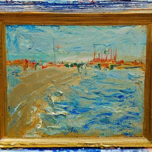 Image similar to oil paint impasto relief, beautiful italian beach scene, multi layered thick brush marks, some splattered paint, in the style of monet and frank auerbach