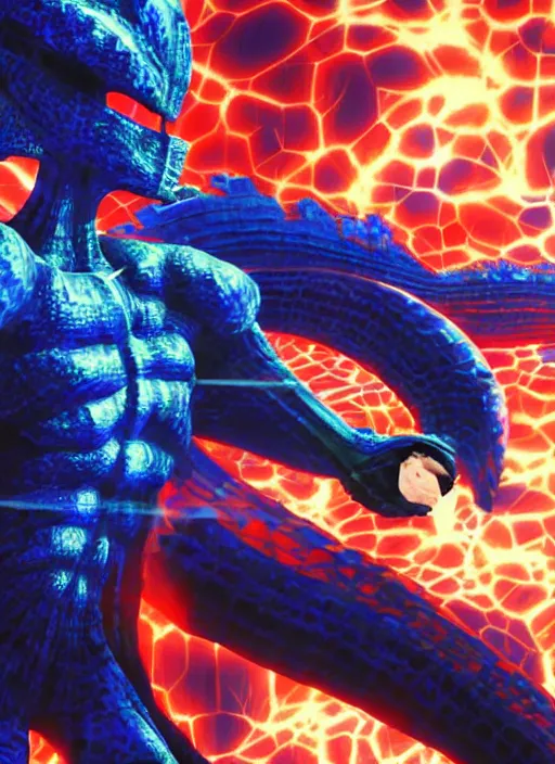 Image similar to Cyber Ultra Instict Goku Portrait, Smooth Digital Artwork, Fractal Chaos Background, Rendered in Maya, Hyperdetailed, Cinematic Shot, in style of Kentaro Miura