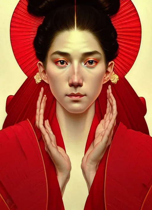 Image similar to symmetry!! portrait of terrence boyd as a saint in a red kimono with an halo, face close - up, intricate, elegant, highly detailed, digital painting, artstation, concept art, smooth, sharp focus, illustration, art by artgerm and greg rutkowski and alphonse mucha