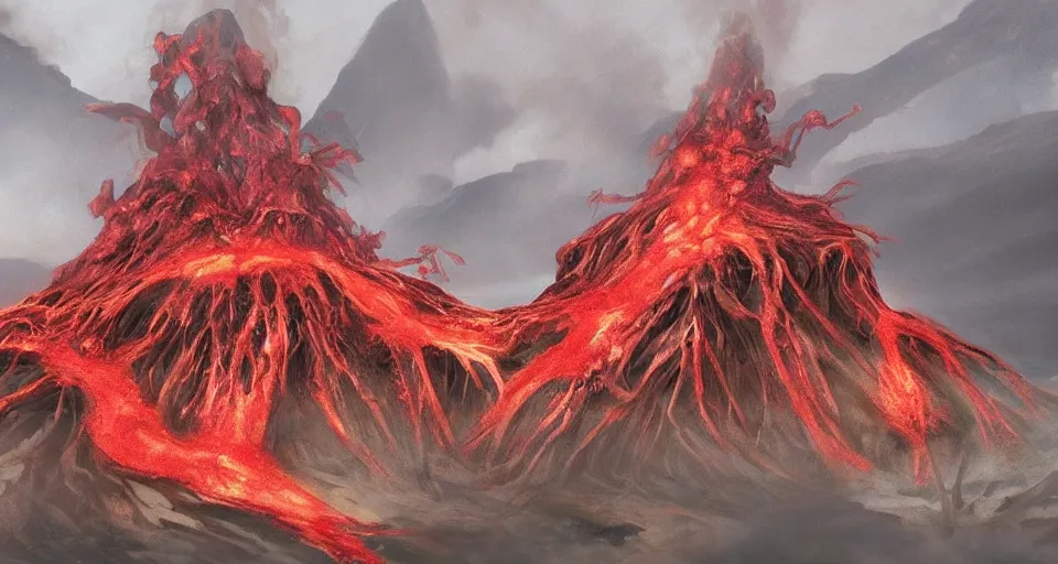 Image similar to a volcano made of ivory vines and crimson rocks enters in eruption, it spits a smoke in the shape of demonic eye, by D&D Concept Artists