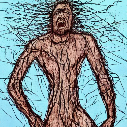 Image similar to The performance art shows a man caught in a storm, buffeted by wind and rain. He clings to a tree for support, but the tree is bent nearly double by the force of the storm. The man's clothing is soaked through and his hair is plastered to his head. His face is contorted with fear and effort. bismuth, deep blue by John Kenn Mortensen fantastic