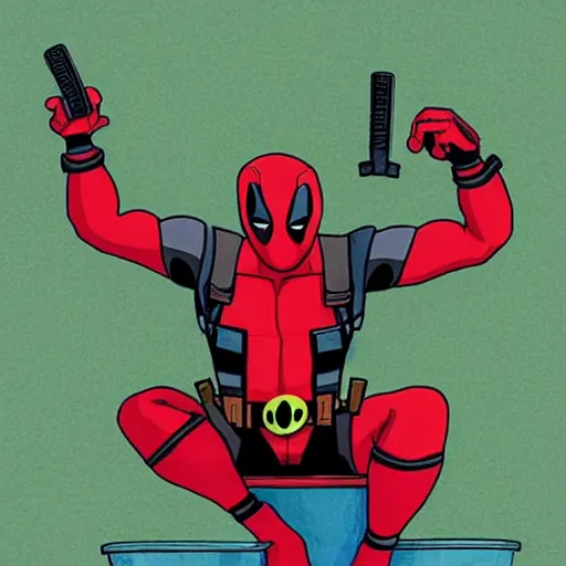 Prompt: Deadpool sitting on the toilet in galaxy, by studio ghibli