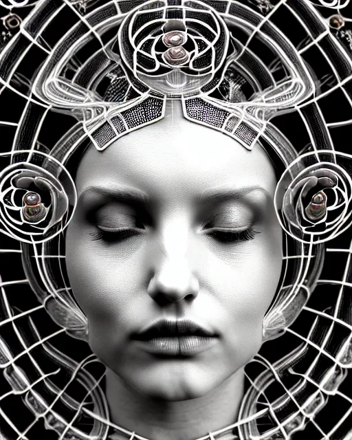 Image similar to mythical dreamy black and white organic bio - mechanical spinal ribbed profile face portrait detail of translucent steampunk beautiful female angelic - human - queen - vegetal - cyborg, highly detailed, intricate crystal ivy jelly ornate, poetic, translucent roses ornate, 3 d render, digital art, octane render, 8 k artistic photography, photo - realistic, by dora maar