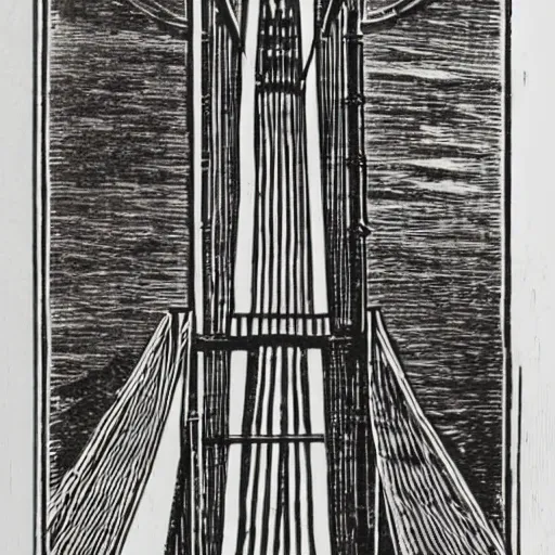 Prompt: steel suspension bridge built in 1 9 2 8, side view, woodcut style,