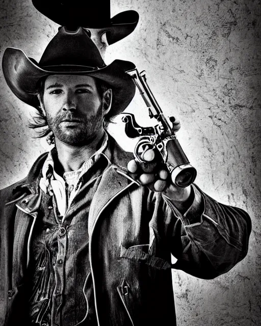 Image similar to portrait of cowboy holding realistic detailed colt revolver, black and white polaroid, western, high production value, intricate details, high resolution, hyperrealistic, hdr, high definition, award winning photography, masterpiece, ultra realistic, highly detailed, hd, sharp focus, cinematic lighting, shaded, non blurry, sharp, smooth