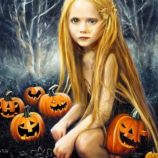 Image similar to a little girl with long golden blonde hair and blue eyes sitting amidst halloween decor, pumpkins, skulls. beautiful painting by raymond swanland and magali villanueve, beautiful detailed face.