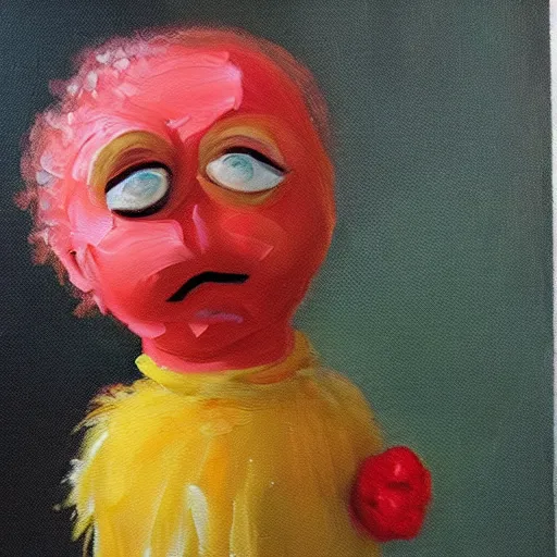 Image similar to impasto painting of a glowing kewpie doll that looks like Big Bird, painted in the style of Watteau with sad minion eyes