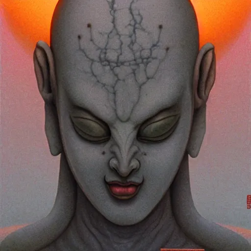 Image similar to naraka buddhist demon korean female, volumetric lights, post apocaliptic, female alien, tubular creature, blood vessels, no face, dystopian surrealism, alex ries zdzisław beksinski, symmetrical long head, smooth marble surfaces, smooth marble surfaces, detailed ink illustration, detailed ink illustration, raiden metal gear, cinematic smooth stone, deep aesthetic