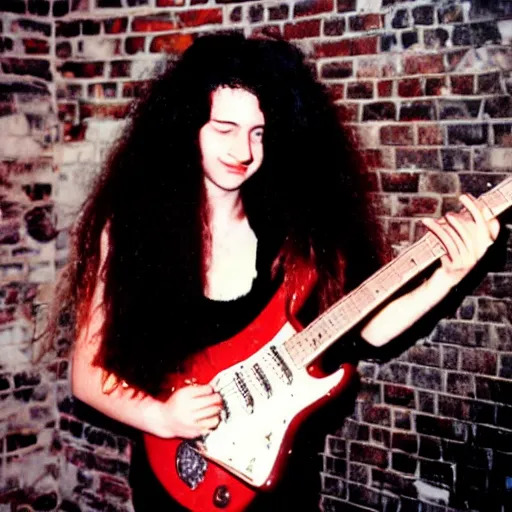 Image similar to 19-year-old woman holding electric guitar, long shaggy red hair, permed hair, stoner rock concert, grunge concert, 1993, VHS quality